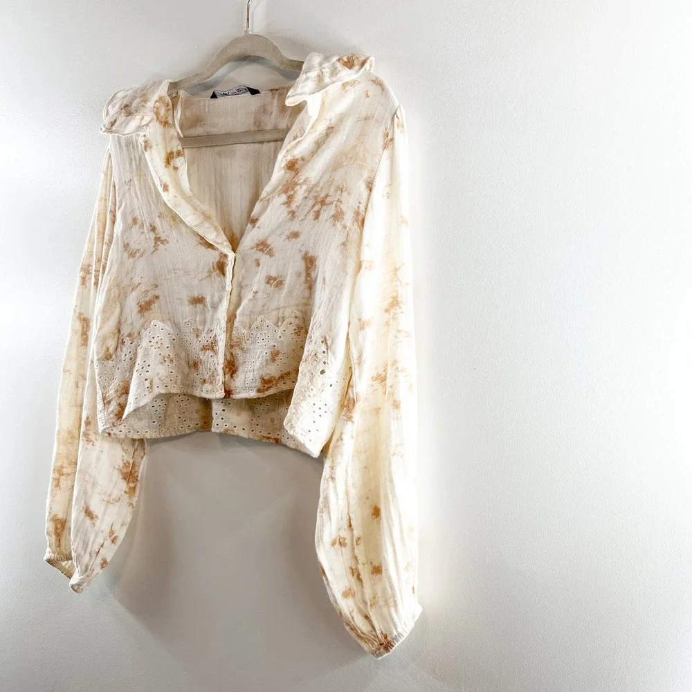 Zara Cream Tie-Dye Eyelet Lace Cropped Blouse